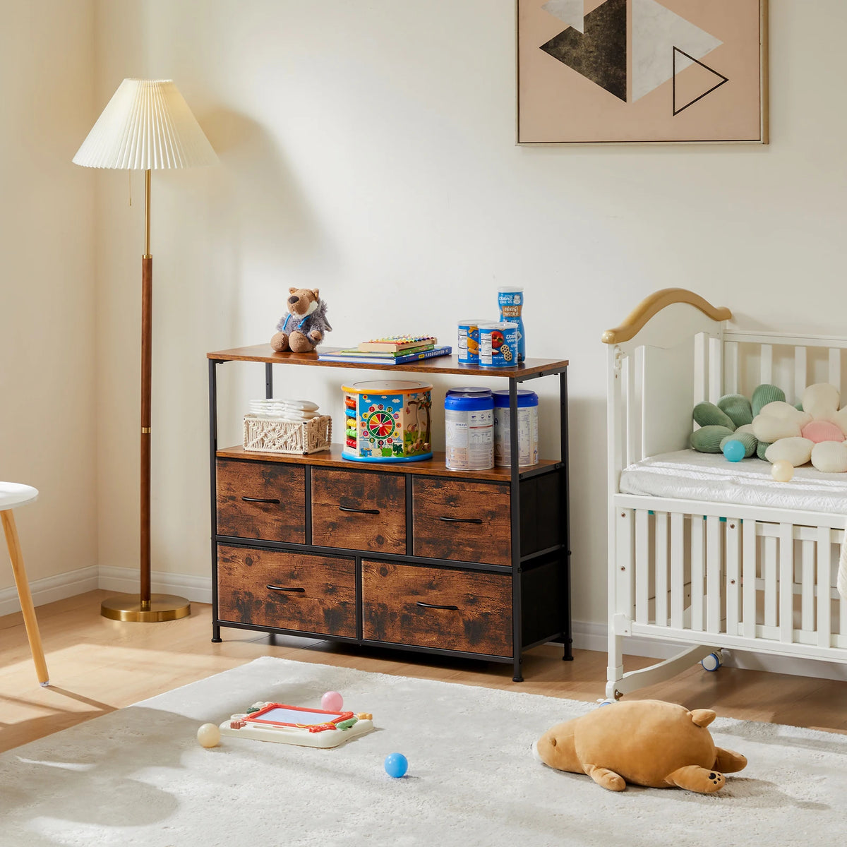 Shoe Cabinet Dresser with 5 Fabric Drawers Toy Storage TV Stand Multilayer Shoe Rack Space Saving Cabinet of Home Furniture