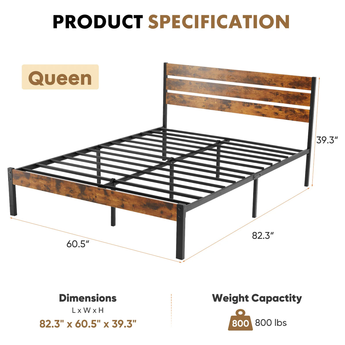 Queen Size Metal Platform Bed Frame with Headboard and Footboard with 800LBS Sturdy Wooden Slats Support for Bed Room Home