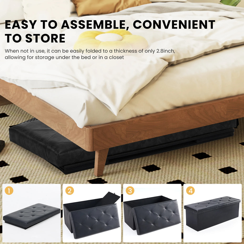 43 Inches Leather Folding Ottoman Storage Footstool Toy Box Bedroom Bench Load 660 Lbs Foot Rest Stool for Living Room