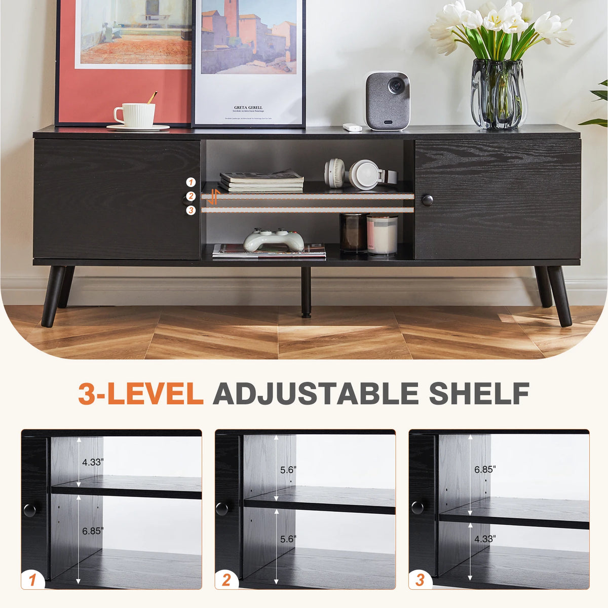 Wooden Fireplace Tv Stand for up to 60 Inch TV Entertainment Center for Living Room Media Console Adjustable Shelf 2 Storage