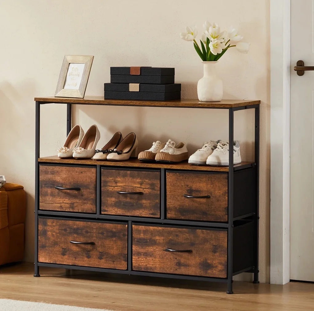 Shoe Cabinet Dresser with 5 Fabric Drawers Toy Storage TV Stand Multilayer Shoe Rack Space Saving Cabinet of Home Furniture