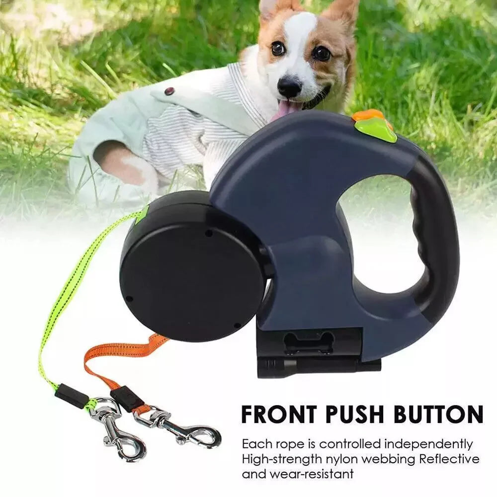Dual Retractable Dog Leash for 2 Dogs – 360° Swivel, No-Tangle, Reflective