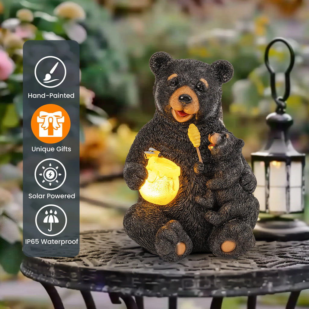 Solar Honey Bear Garden Statue with Light – Outdoor Yard Decor