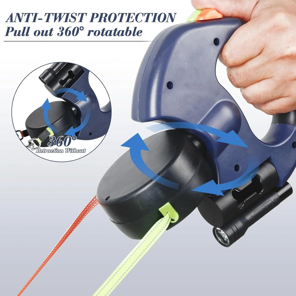 Dual Retractable Dog Leash for 2 Dogs – 360° Swivel, No-Tangle, Reflective