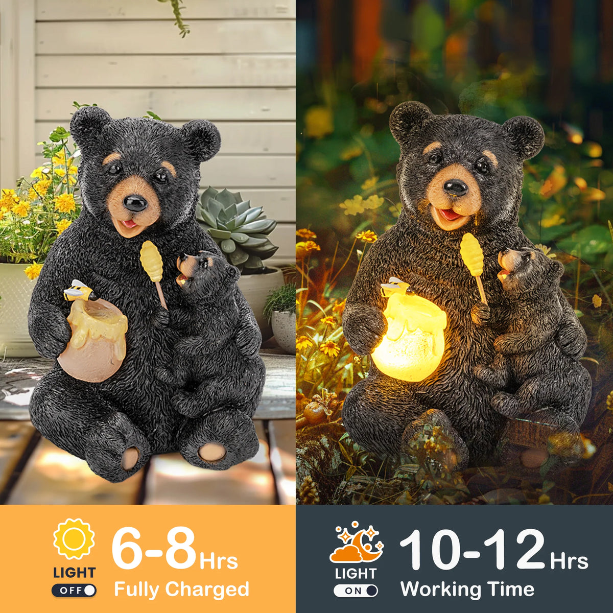 Solar Honey Bear Garden Statue with Light – Outdoor Yard Decor