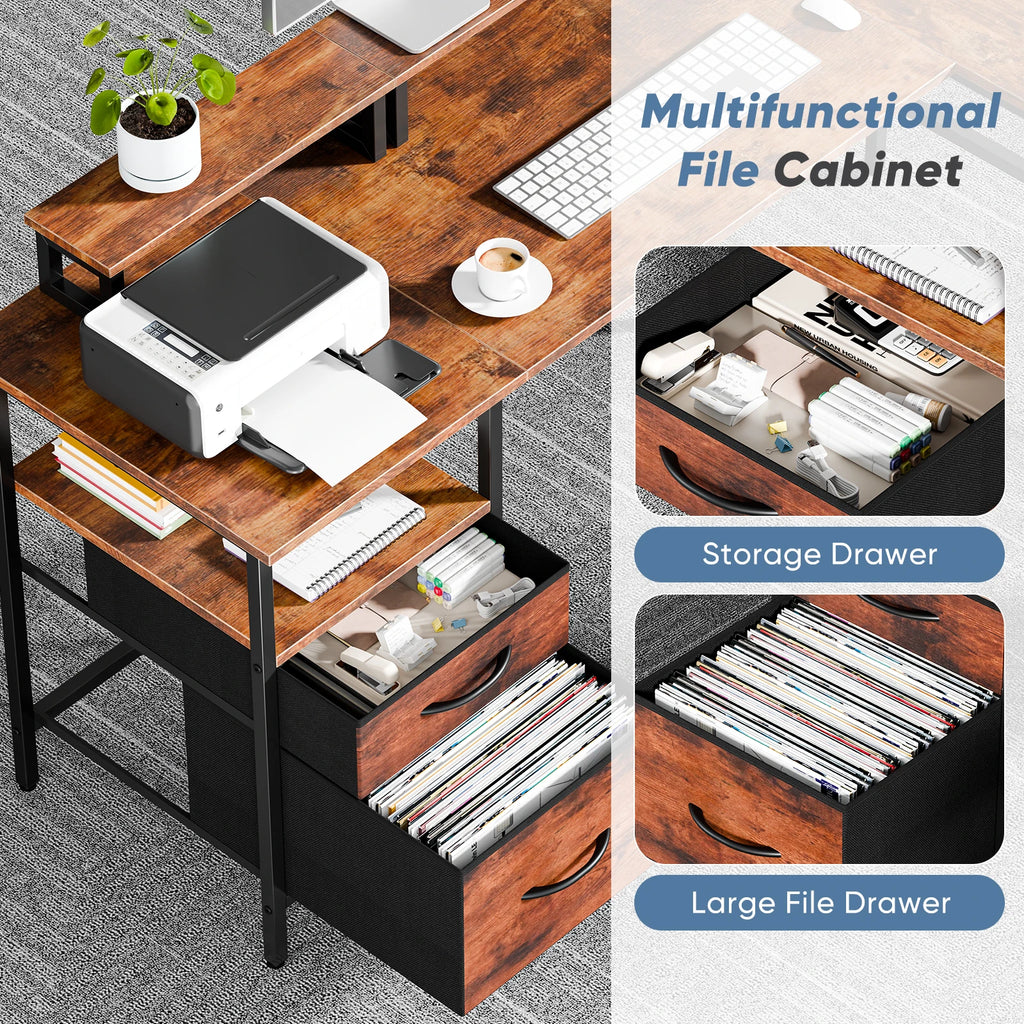 62IN L Shaped Computer Desk with 2 Drawers Wood Table with Adjustable Storage Shelves Charging Station Desk for Office