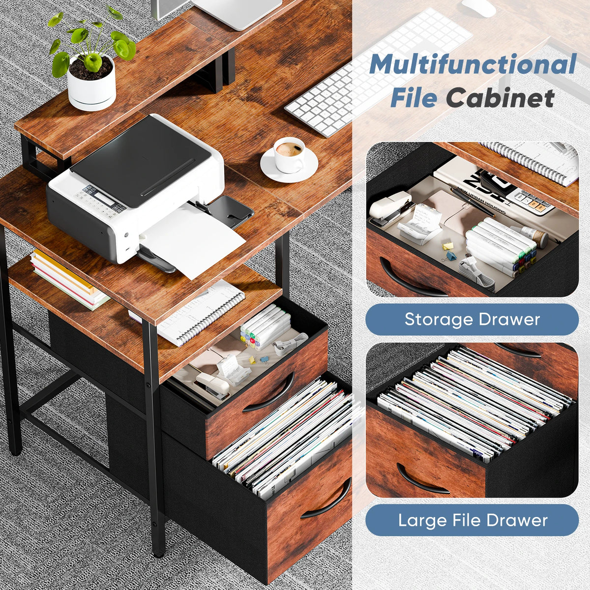 62IN L Shaped Computer Desk with 2 Drawers Wood Table with Adjustable Storage Shelves Charging Station Desk for Office