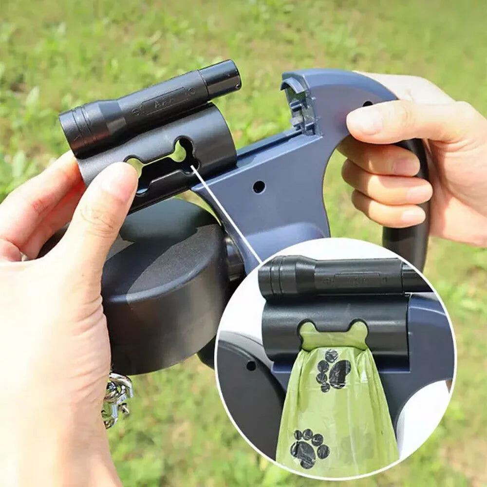 Dual Retractable Dog Leash for 2 Dogs – 360° Swivel, No-Tangle, Reflective