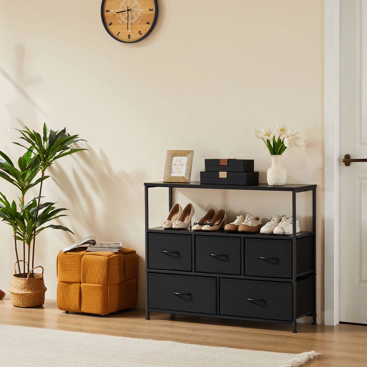 Shoe Cabinet Dresser with 5 Fabric Drawers Toy Storage TV Stand Multilayer Shoe Rack Space Saving Cabinet of Home Furniture