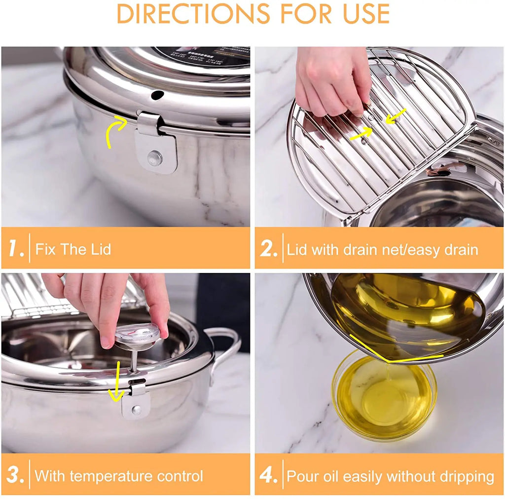 Japanese Deep Frying Pot with Thermometer & Lid – 304 Stainless Steel