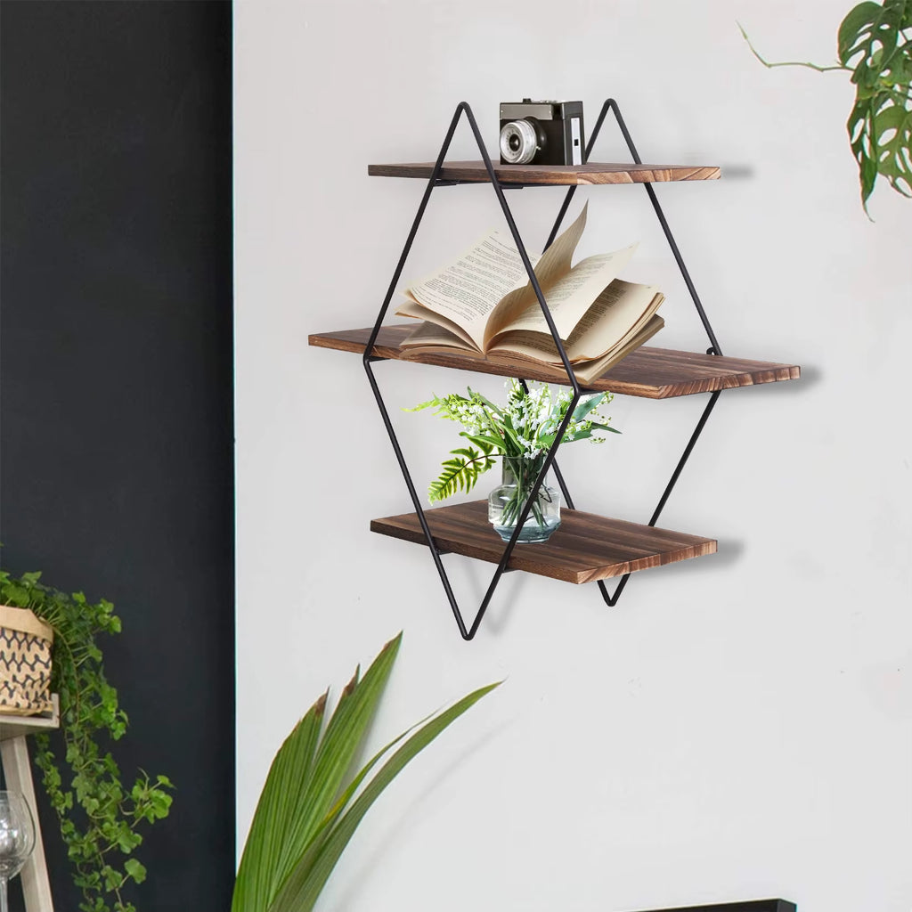 3-Tier Industrial Floating Wood Shelf