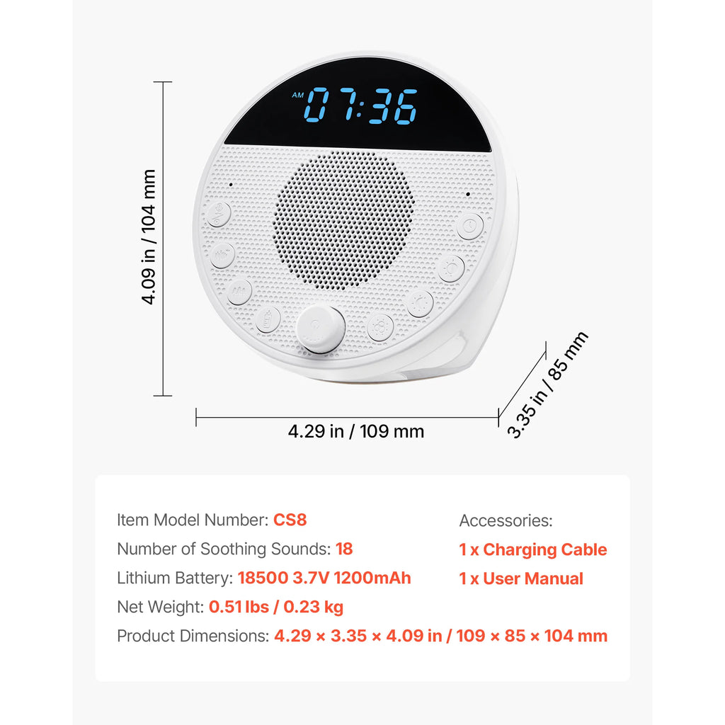 Succebuy Sound Machine 18 Soothing Sleep Sound and 7-Color Night Light 5-In-1 White Noise Sound Machine with Dual Alarm for Home