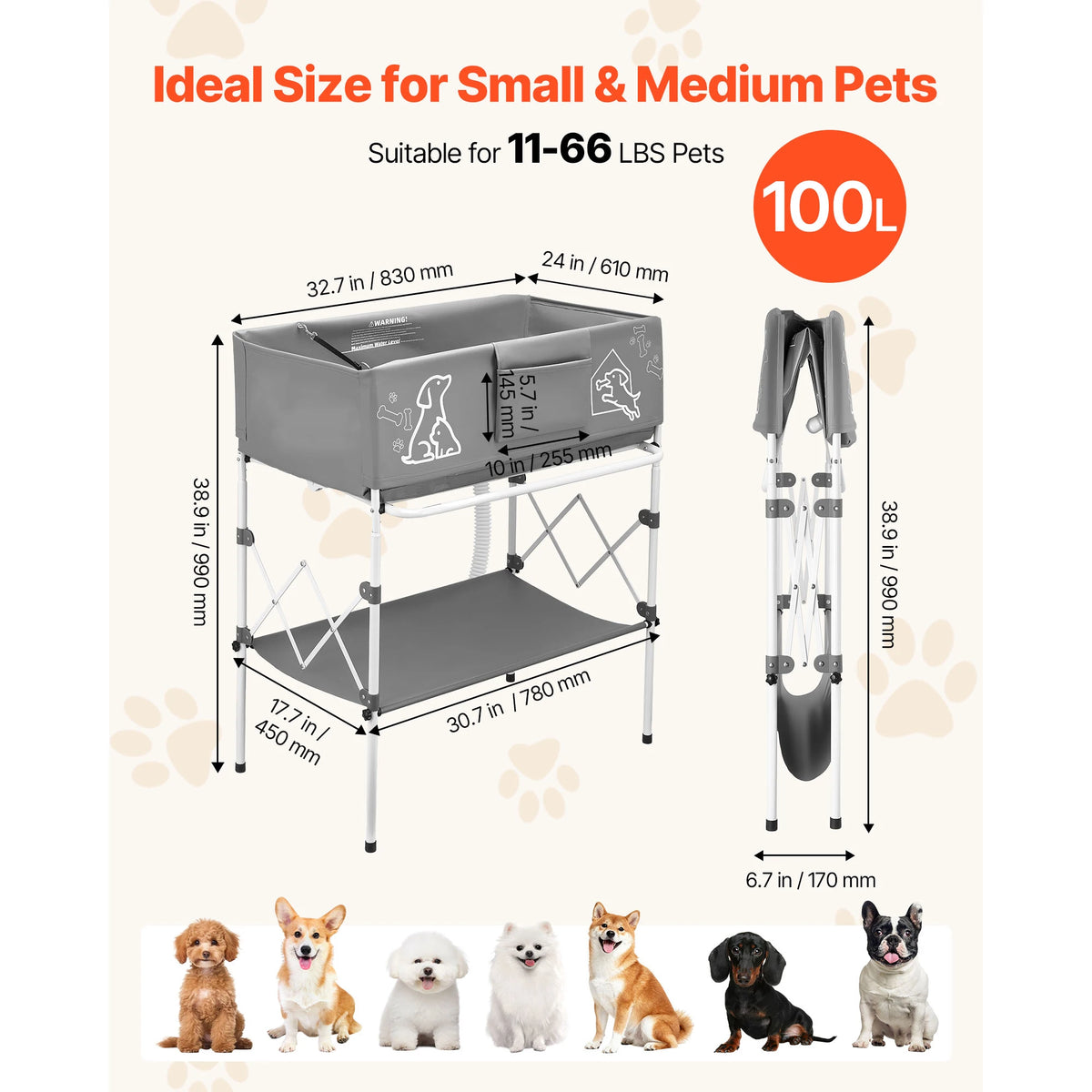 Dog Bathtub Elevated Dog Bath Tub Foldable Space-Saving with Built-In Drain Hose for Small Medium Pet Indoor & Outdoor
