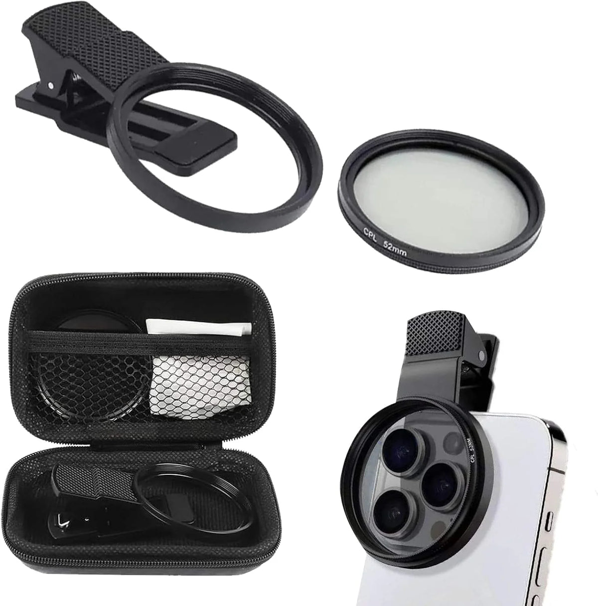 52Mm Professional Phone Camera Clip with Macro Lens CPL Star Variable ND Filter for All Smartphones Aluminum Alloy Thread - with CPL Filter,Round Hole