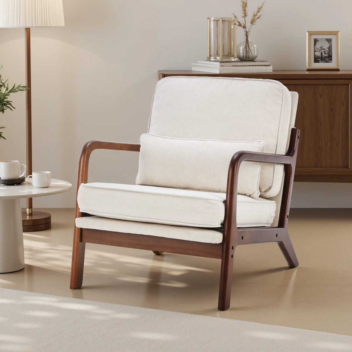 Mid Century Modern Chair Solid Wooden Frame Accent Chair with Arms and Waist Cushion Reading Chairs for Adults Lounge Chair