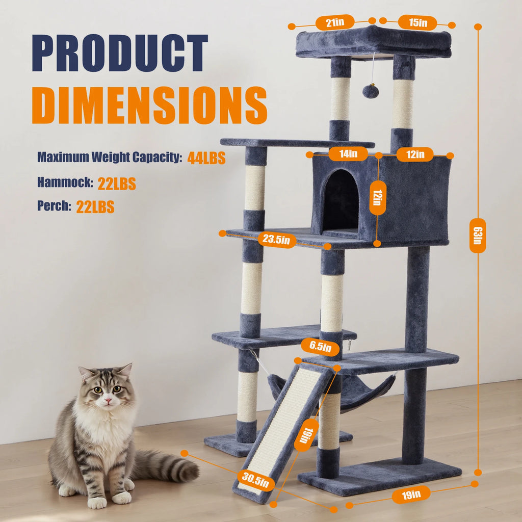 63In Cat Tree Tall Multi-Cat Climbing Tower for Pet Furniture Natural Sisal Scratching Posts Stable Pet House for Indoor Cat