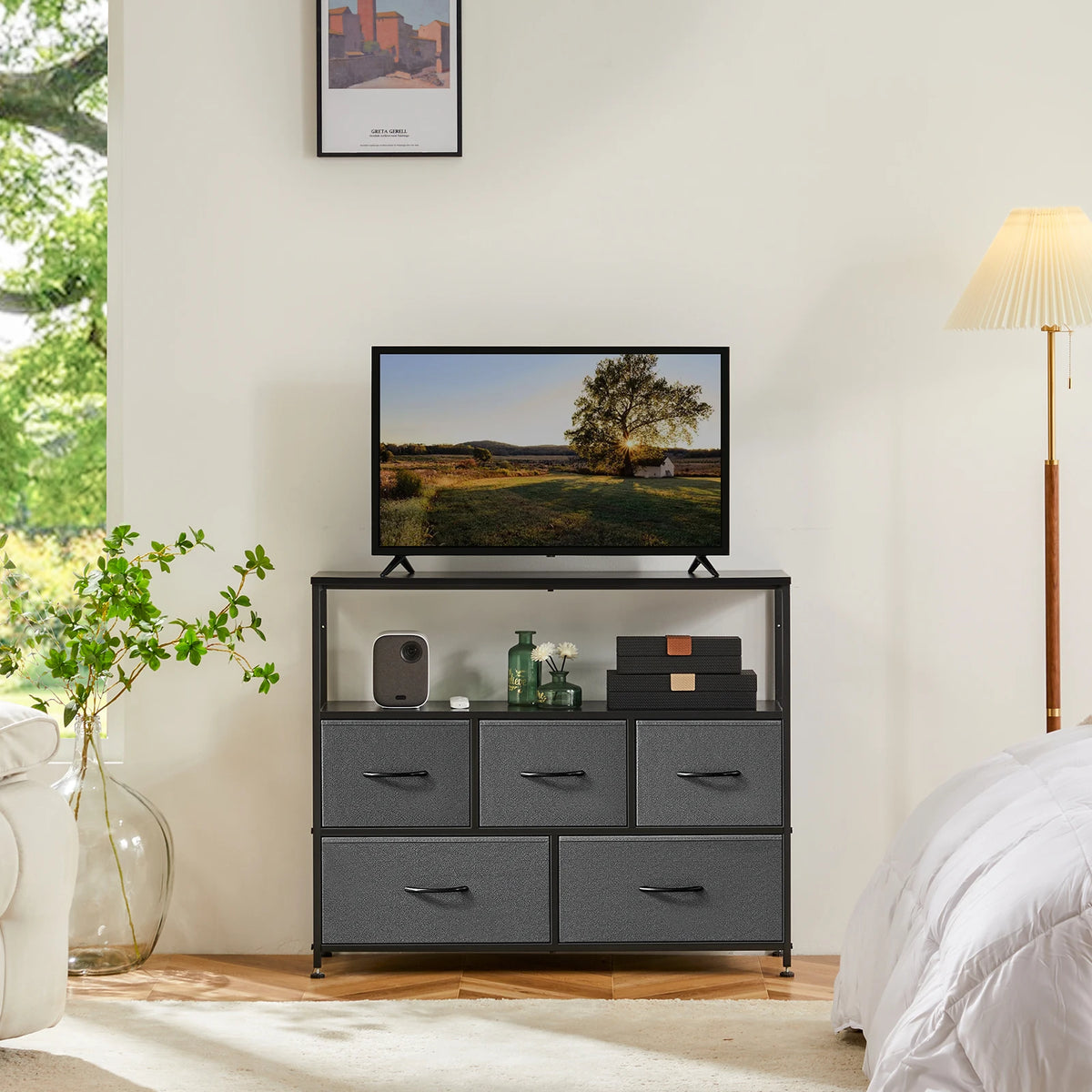 Shoe Cabinet Dresser with 5 Fabric Drawers Toy Storage TV Stand Multilayer Shoe Rack Space Saving Cabinet of Home Furniture