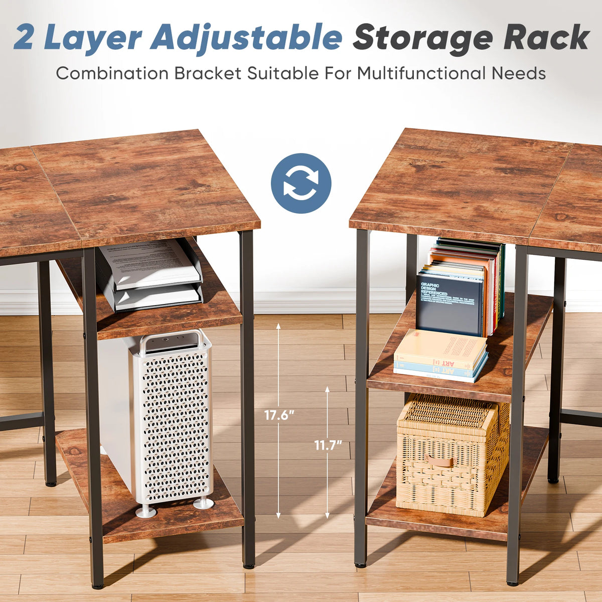 62IN L Shaped Computer Desk with 2 Drawers Wood Table with Adjustable Storage Shelves Charging Station Desk for Office