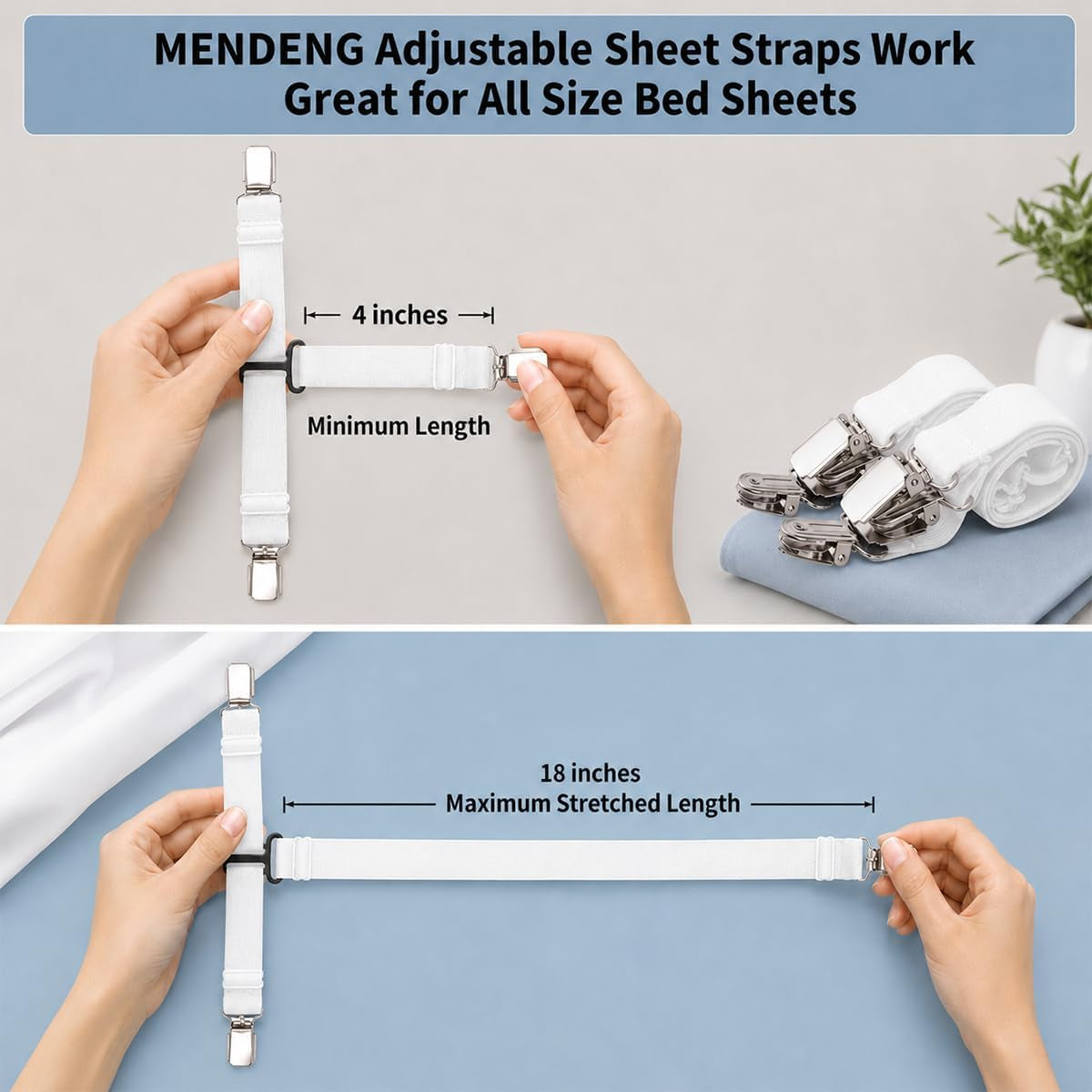 Adjustable Bed Sheet Straps — Fitted Sheet Holder, 4-Pack