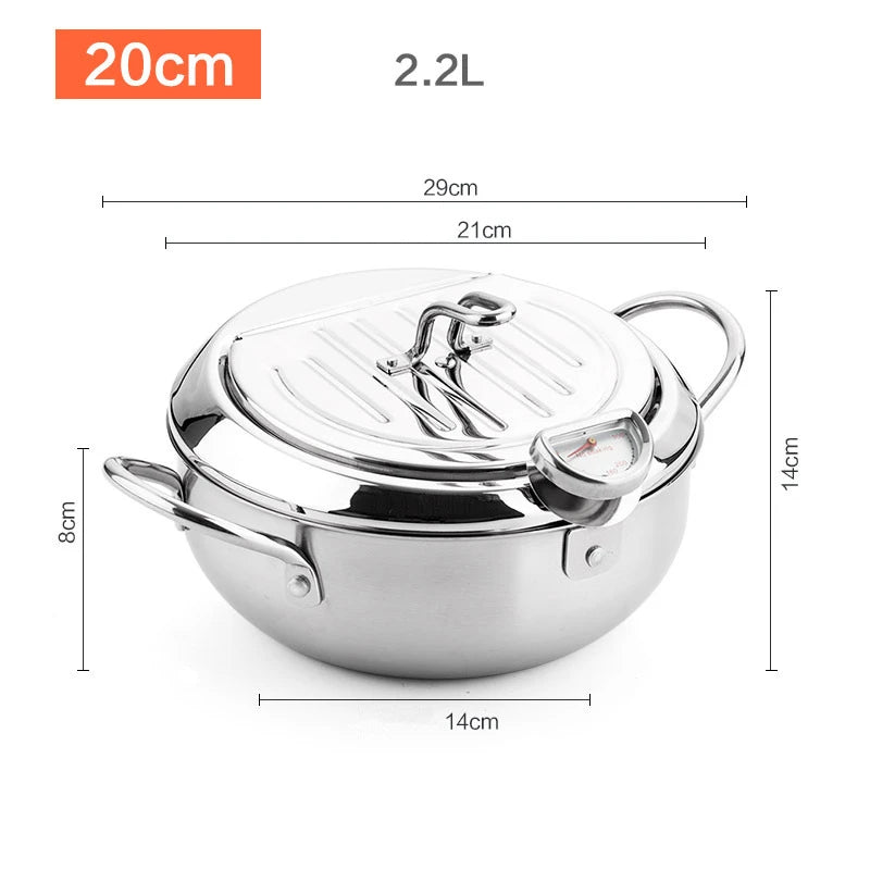 Japanese Deep Frying Pot with Thermometer & Lid – 304 Stainless Steel