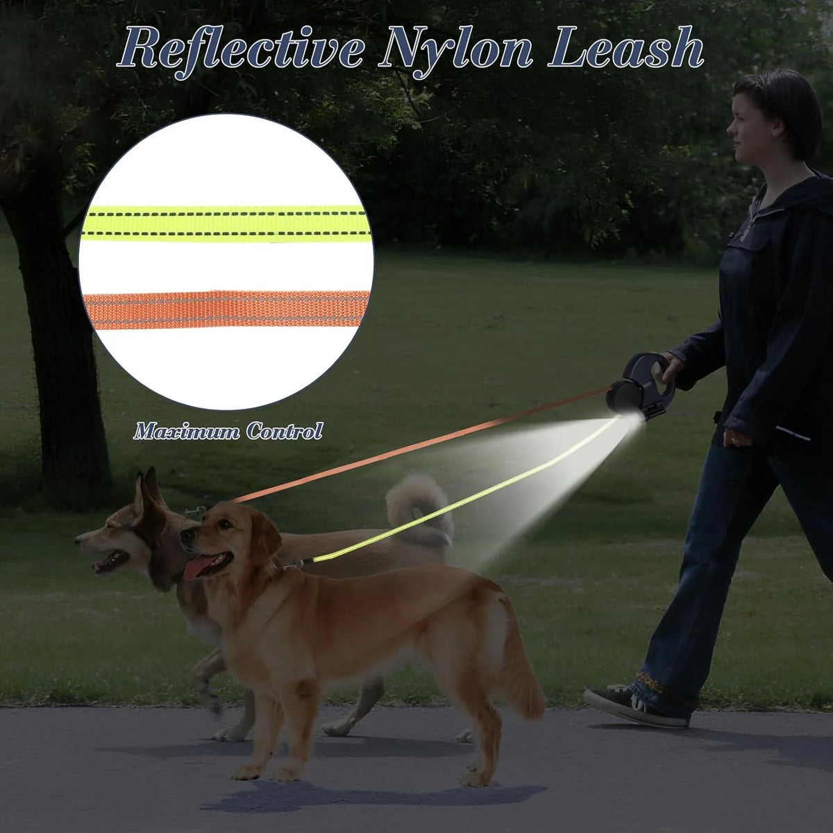 Dual Retractable Dog Leash for 2 Dogs – 360° Swivel, No-Tangle, Reflective